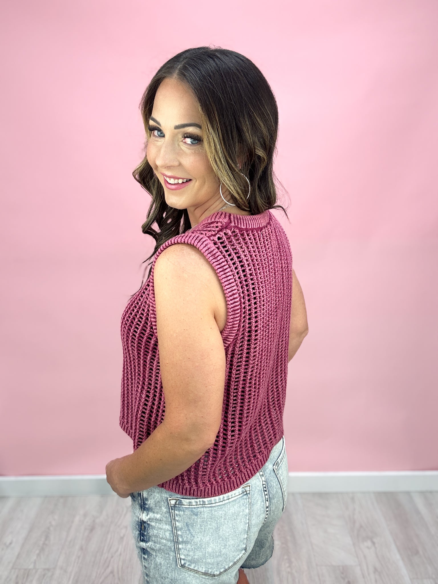 Jimena Washed Fishnet Sweater Vest