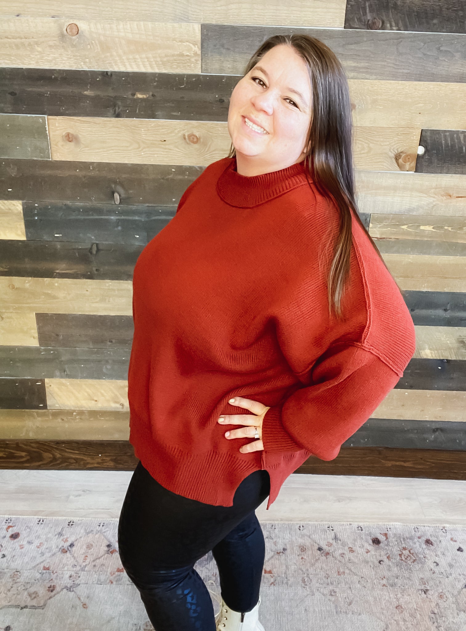 Maren Drop Shoulder Oversized Sweater-Dark Rust
