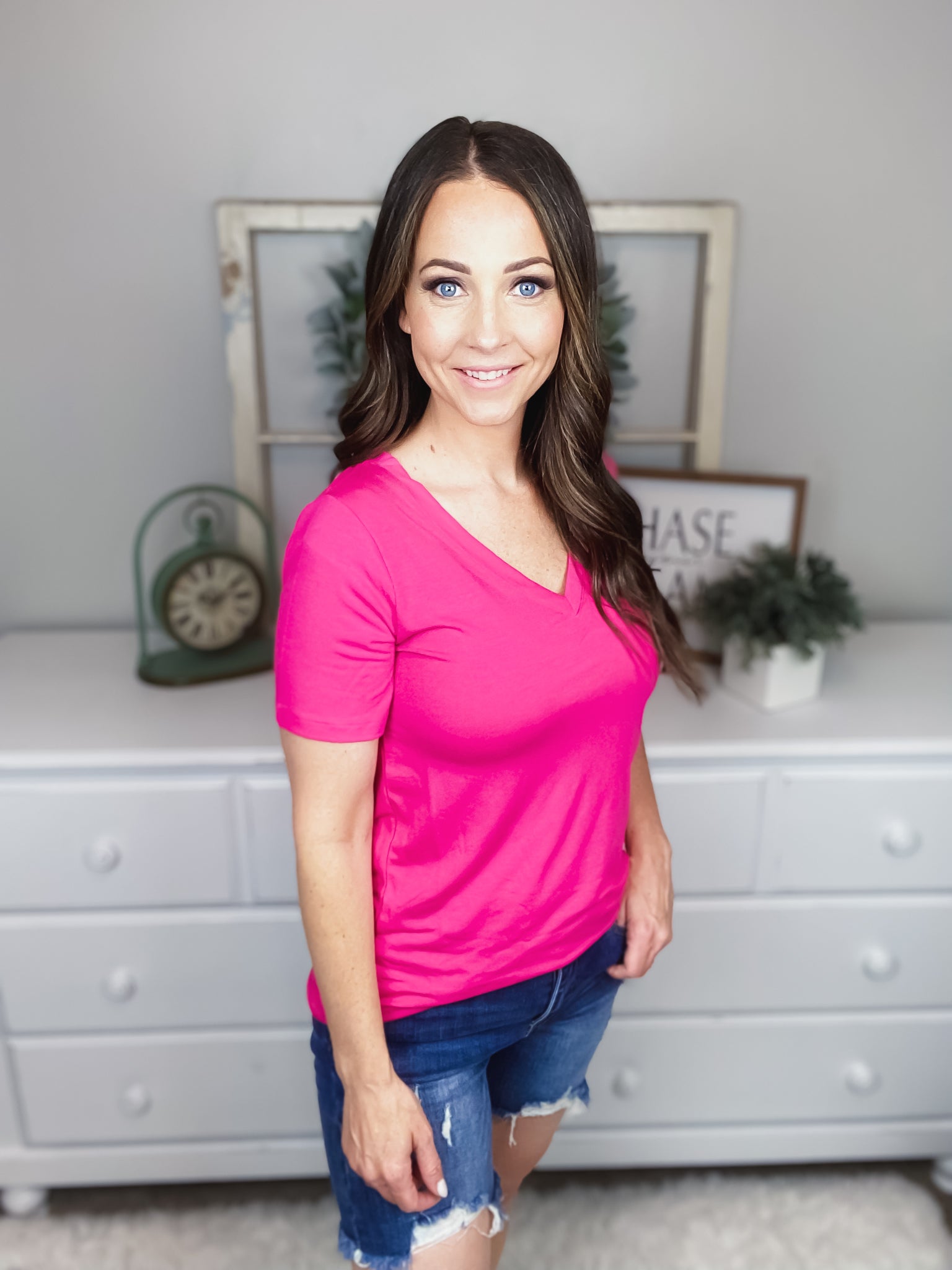 Kate Relaxed V Neck Basic Tee in Hot Pink