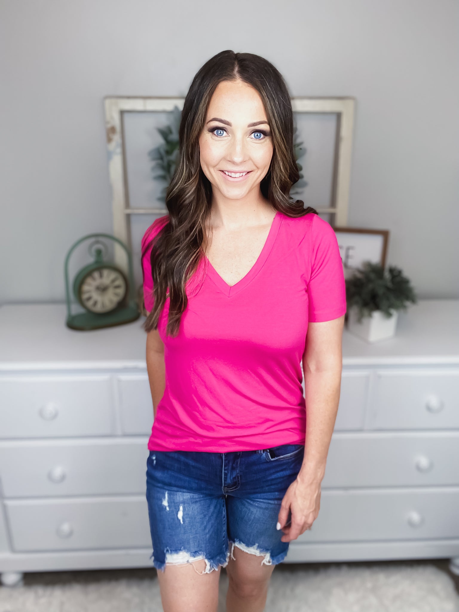 Kate Relaxed V Neck Basic Tee in Hot Pink