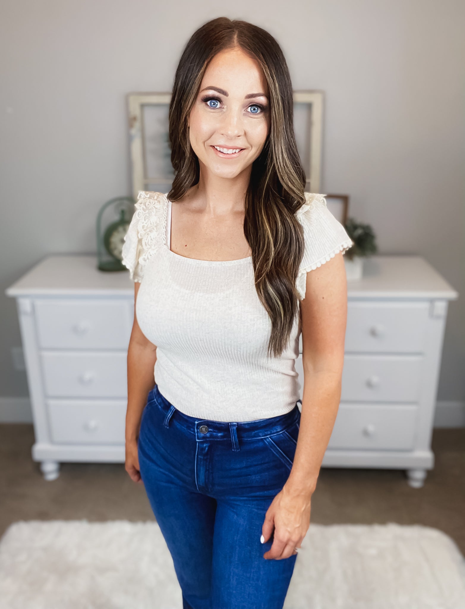 Melina Ribbed Lace Flutter Sleeve Top