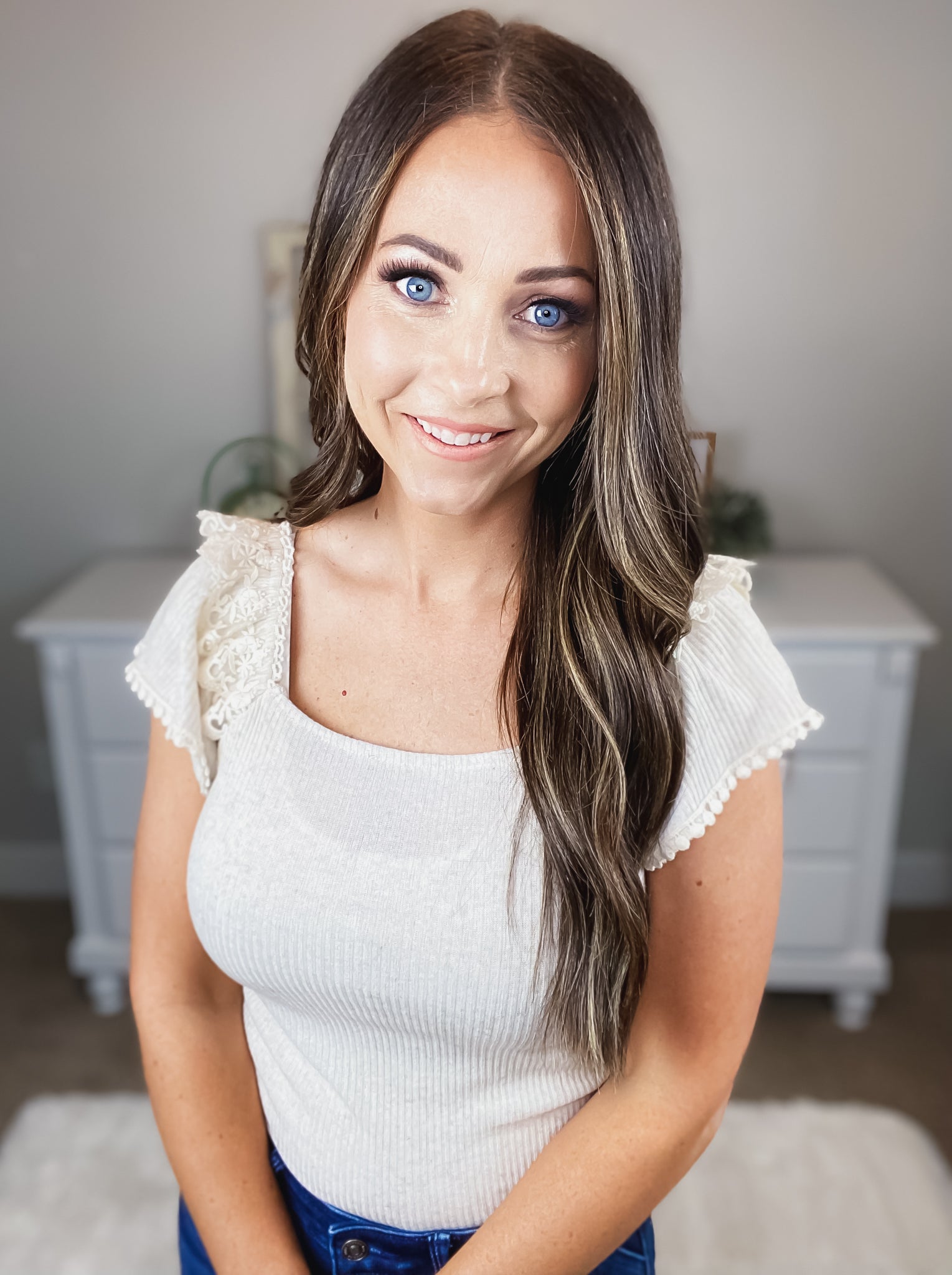 Melina Ribbed Lace Flutter Sleeve Top