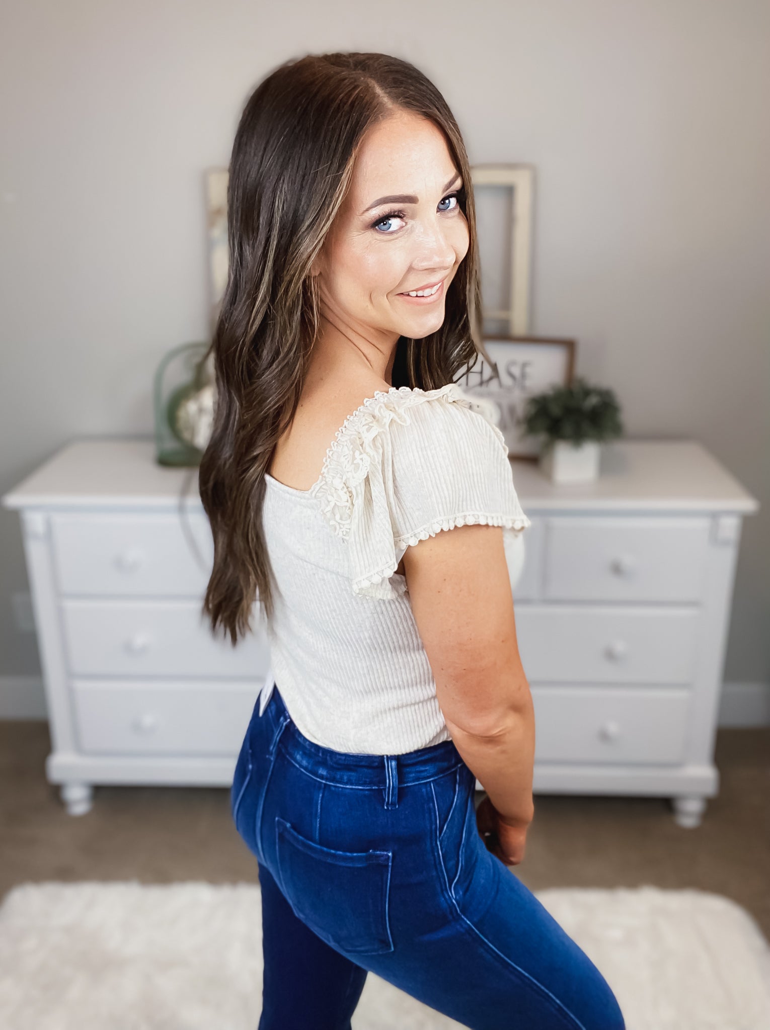 Melina Ribbed Lace Flutter Sleeve Top