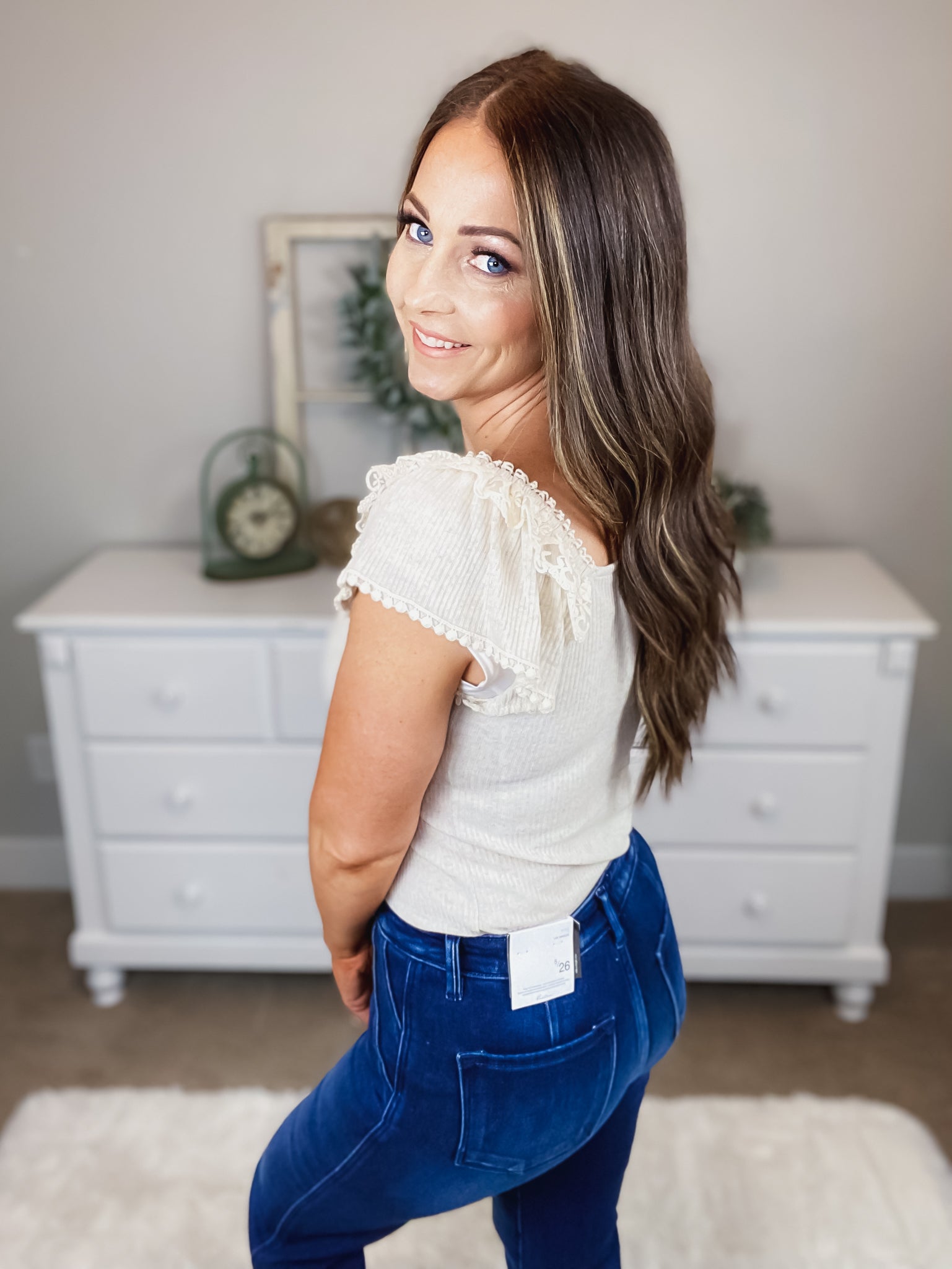 Melina Ribbed Lace Flutter Sleeve Top