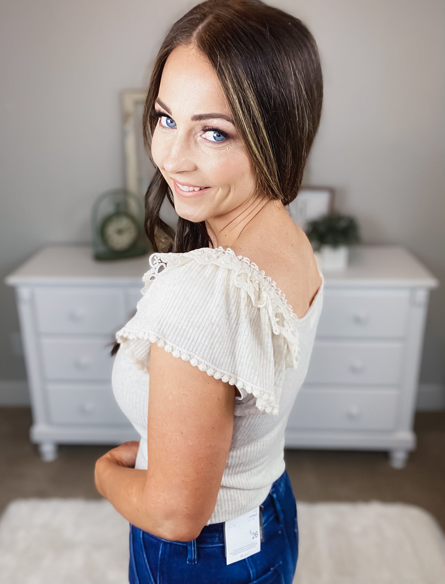 Melina Ribbed Lace Flutter Sleeve Top