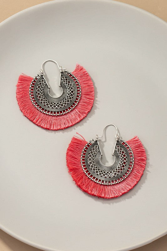 Jovani Disk Tassel Earrings-Red